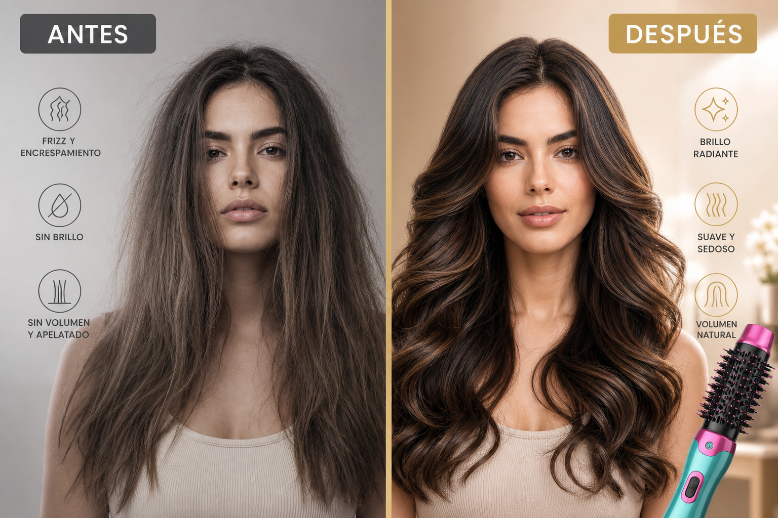 Antes y después de usar AIRBLOOM — cabello transformado