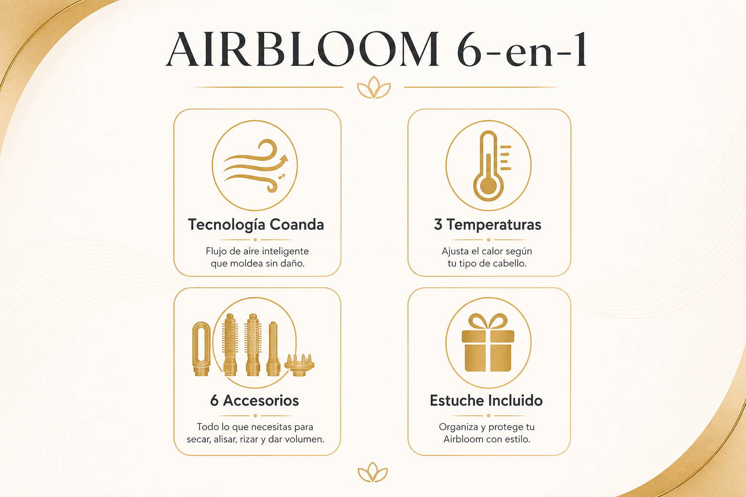 AIRBLOOM 6-en-1 — Tecnología Coanda, 3 temperaturas, 6 accesorios, estuche incluido